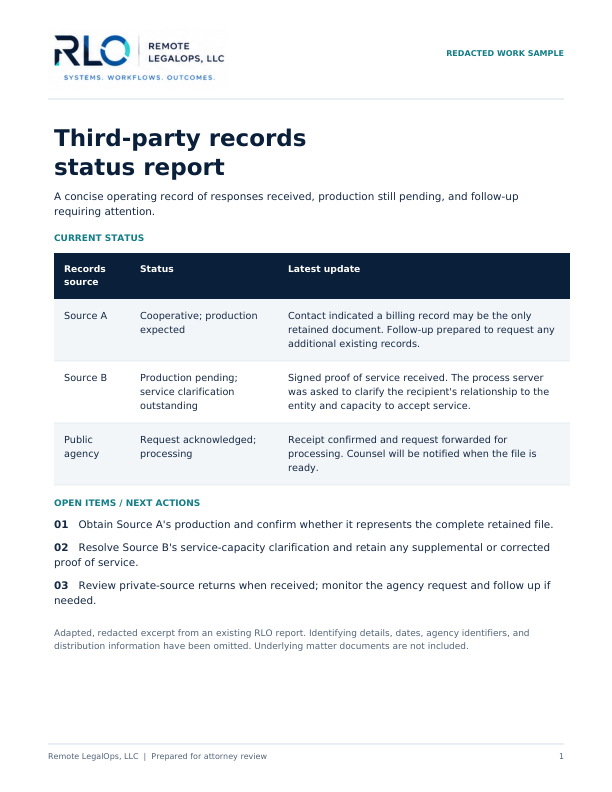 Preview of the records-status report with current status and next actions